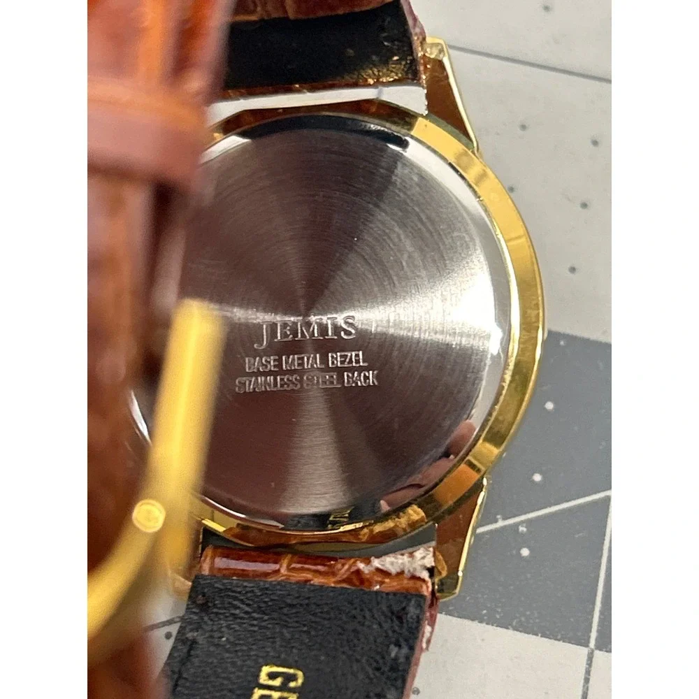 Vtg Jemis Quartz Watch Brown Gold Classic Leather Strap NOS Needs Battery